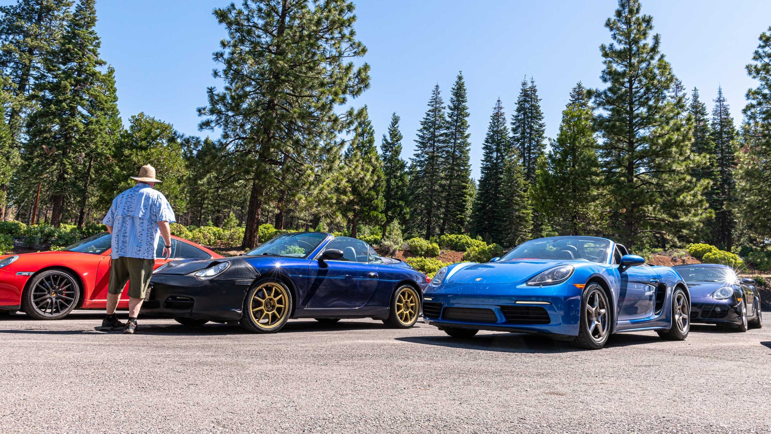 Photo of a row of blue Porsches in a parking lot